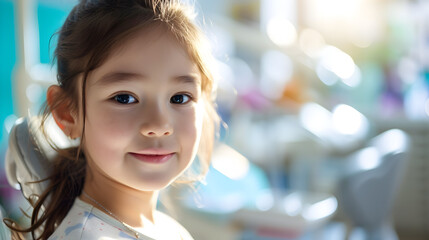 Portrait of smiling little girl at dental clinic. Dental treatment.