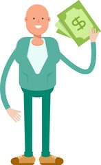 Bald Businessman Character Holding Dollar Banknotes
