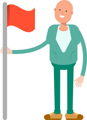 Bald Businessman Character Holding Flag
