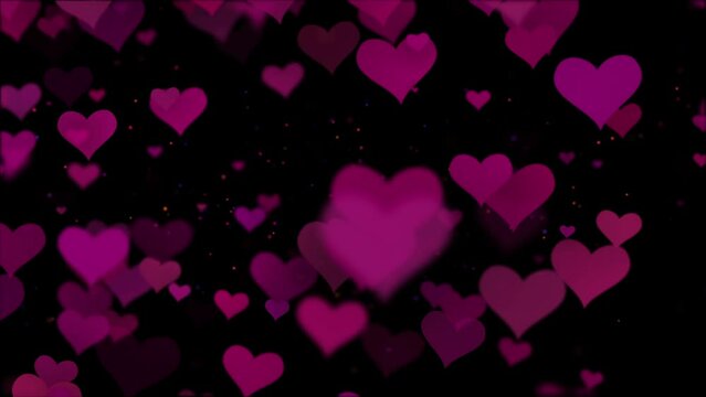 Loop video. Abstract Purple hearts on dark background. Concept: valentine's day, anniversary, mother's day, marriage. Purple hearts on black background, valentine and romantic animation video.