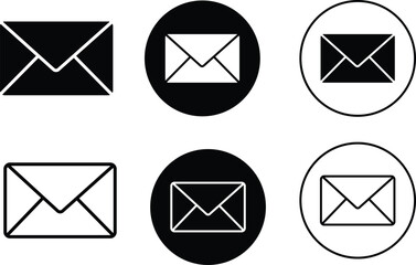 Email icon set. Envelope Mail services. Contacts message send letter isolated on transparent background. Black flat and line vector collection. Symbol for Design, Presentation Website or App Elements.