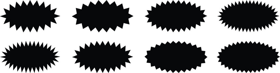 Starburst sale sticker or ribbon black icon set price, discount, sunburst badges flat blank vector. Special offer price tag promotional shopping label isolated transparent background
