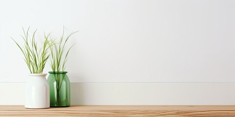 Simplistic and cozy product presentation background design. Modern branding with wood top green counter and white wall grass glass vase kitchenware.