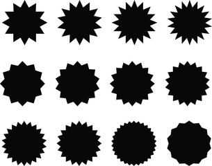 Starburst sale sticker or ribbon black icon set price, discount, sunburst badges flat blank vector. Special offer price tag promotional shopping label isolated transparent background