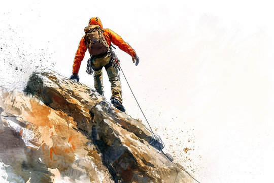 Watercolor of a climber reaching the top of a steep cliff with dynamic strokes