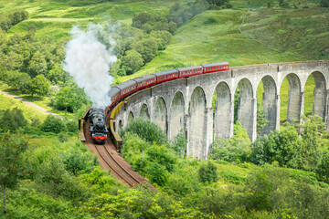 The Jacobite steam train on Glenfinnan viaduct in North West Highlands, Scotland, UK - obrazy, fototapety, plakaty