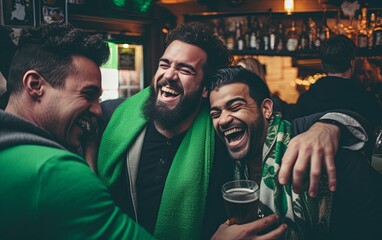 Diverse group of friends celebrating st patrick's day embracing and laughing at a bar