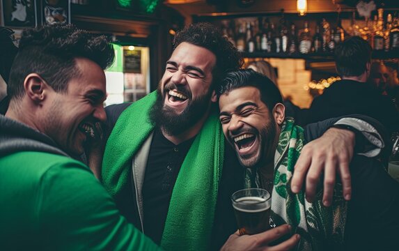 Diverse group of friends celebrating st patrick's day embracing and laughing at a bar