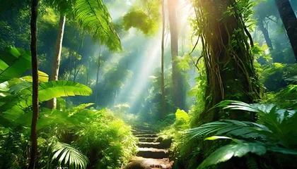 Foto op Canvas tropical rainforest landscape forest scenic with jungle tree in green nature beautiful wild wood foliage plant over the mountain leaf with rain water environment park background for travel © Pauline