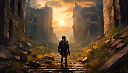 game art piece that captures a significant moment in the middle of a hero s journey through a post apocalyptic world the protagonist a resilient survivor stands at the threshold of a crumbling - obrazy, fototapety, plakaty