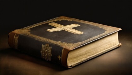 old book holy bible cross on a dark cover sacred scripture that contains the word of god ancient...