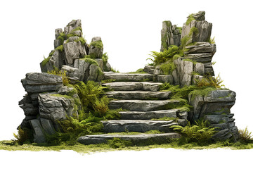 Cutout mossy stone wall and mossy stump surrounded by vegetation in the forest. Old stones with moss isolated on white background. Photorealistic 3D rendering for  transparent background Generative Ai - obrazy, fototapety, plakaty