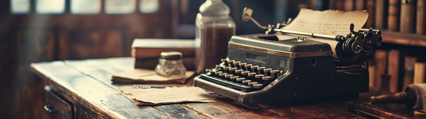Vintage old aged black typewriter on a table, old letters, and inkwell, - Powered by Adobe