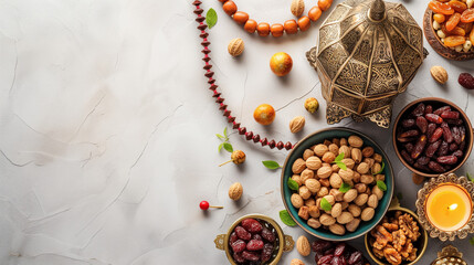Ramadan kareem holiday concept with dried dates, fruits and decorations on bright background. Top view, flat lay