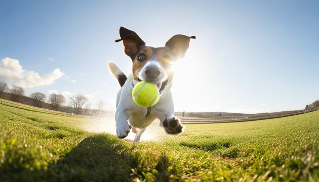 happy jack russell terrier dog running and bringing a tennis ball