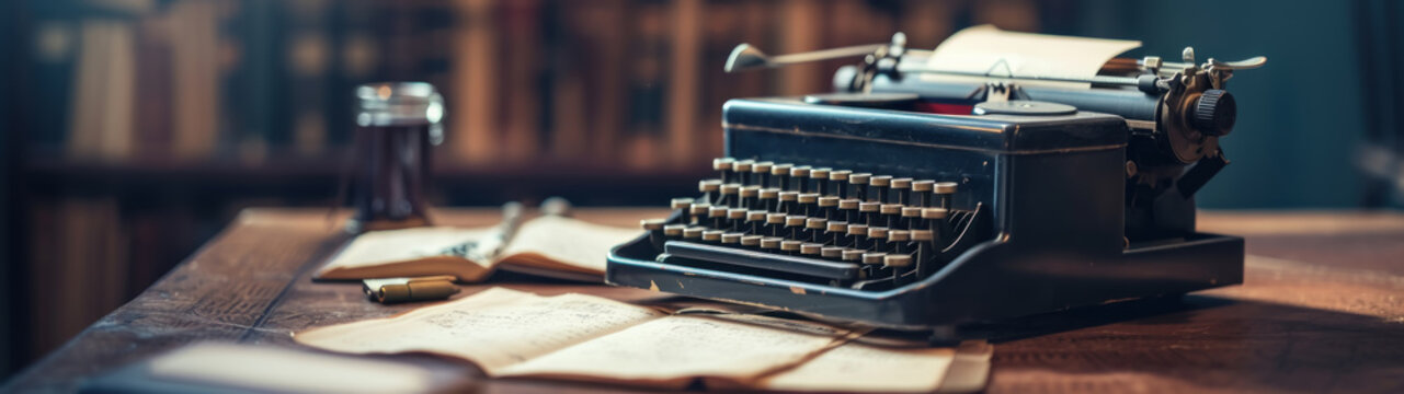 Vintage old aged black typewriter on a table, old letters, and inkwell,