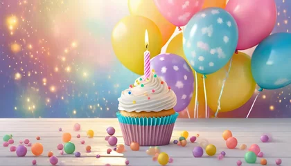 Poster birthday cupcake in pastel rainbow color with balloons and candle © Pauline