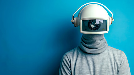 Faceless Person with CCTV Camera Head for Surveillance Technology Concept on Blue Background