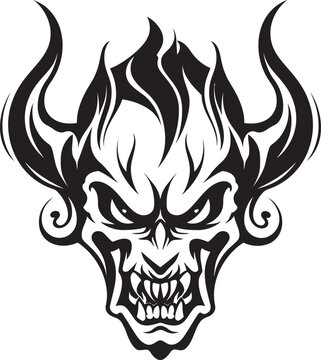 Malevolent Majesty Sinister Devilhead Emblem in Dark Vector Diabolic Dynasty Evil Devilhead Icon in Black Vector Design