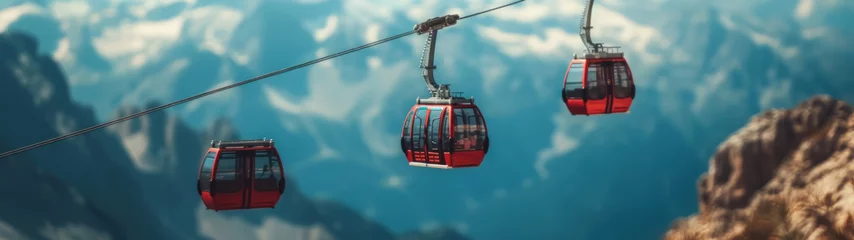 Zelfklevend Fotobehang Gondola and cable car miniatures set against a mountainous backdrop, illustrating transport in challenging terrains.  © Pongsapak
