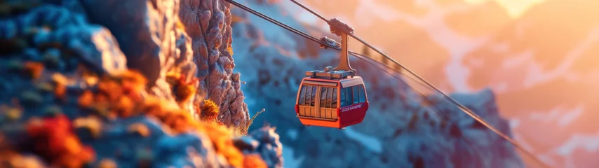 Tuinposter Gondola and cable car miniatures set against a mountainous backdrop, illustrating transport in challenging terrains.  © Pongsapak