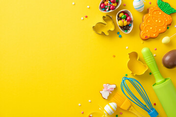 Preparing for Easter delights. Top view baking table equipped with essentials – whisk, rolling pin, brush. Cute cookies, chocolate eggs, and more on vibrant yellow base. Empty space for text or ads