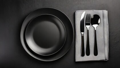 empty black plates with black cutlery and gray napkin on black table top view banner for website