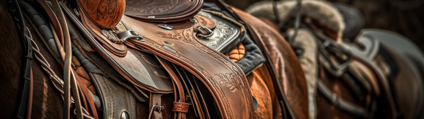 Horse riding gear, such as a saddle, boots, and equestrian helmet, displayed with images of horse-drawn carriages. Leather saddle - obrazy, fototapety, plakaty