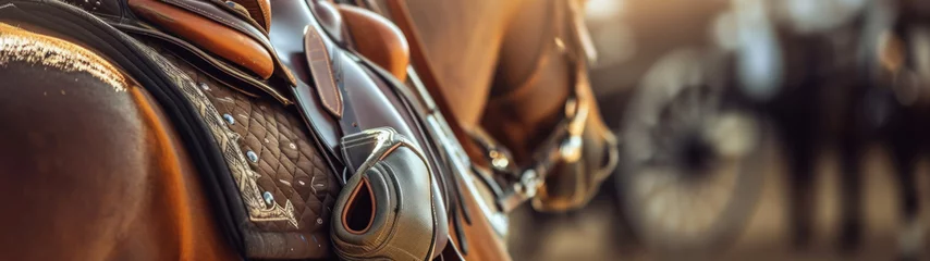 Foto op Aluminium Horse riding gear, such as a saddle, boots, and equestrian helmet, displayed with images of horse-drawn carriages. Leather saddle © Pongsapak