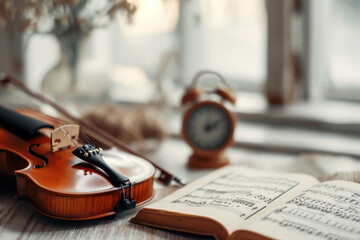 Musical arrangement with a violin, sheet music, and metronome.