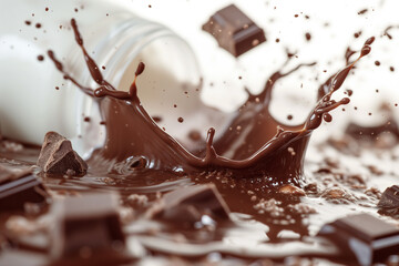 chocolate and milk splash. A splash of chocolate on a white background. Liquid chocolate crown...