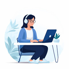 fondo blanco, mujer escuchando música sentada en el escritorio con su computadora portátil, al estilo de ilustraciones animadas, lugar de estudio, cuerpo completo, basado en texto