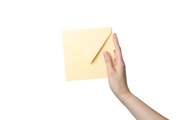 PNG,female hand holding a paper envelope, isolated on white background