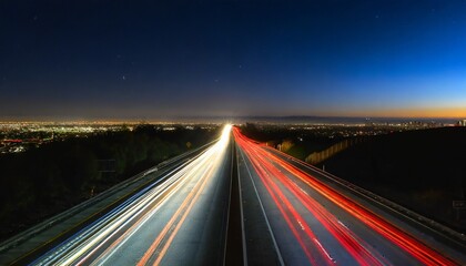 Fototapeta na wymiar long shot of car lights on highway of los angeles at night in california united states