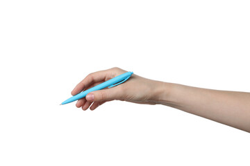 PNG,a female hand holds a blue pen, isolated on white background