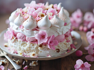 Dessert with meringue, cake, pie decorated with meringue and flowers. Photorealistic. 
