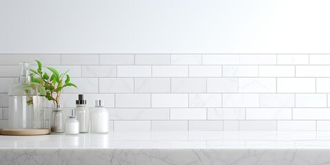 Blurry tiled wall bathroom background with empty white marble tabletop.