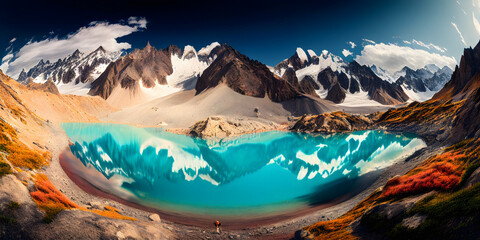 Colorful summer panorama of the Lac Blanc lake with Mont Blanc (Monte Bianco) on background. Generative AI. - obrazy, fototapety, plakaty