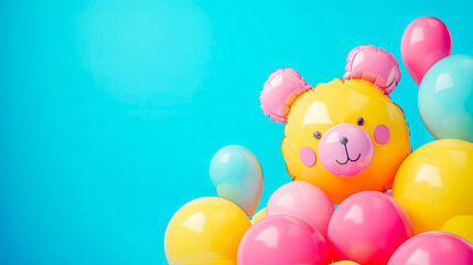 Cute Yellow Teddy Bear and Pink Balloons on Vibrant Blue Background - Party Celebration Theme