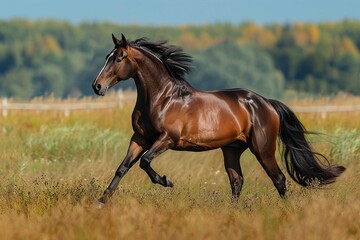 Obraz na płótnie Canvas The bay horse gallops on the grass