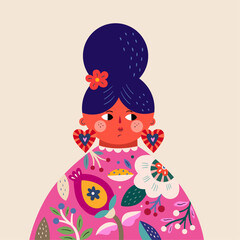  Vector bright colourful banner with woman's face for the holiday Women's day. Character design for 8th march, women's day.