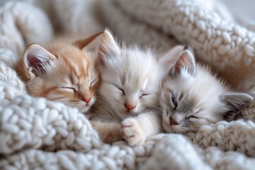 A family of kittens lie and sleep curled up. Cute white kitten with blue eyes looks carefull high-resolution