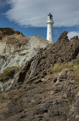 Lighthouse on rocks. Castle point coast New Zealand. Pacific ocean.