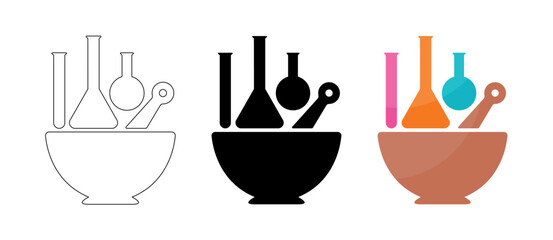 mortar and pharmacy concept. mortar and test tubes set