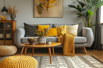 The stylish boho composition at living room