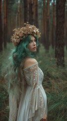 Forest elf queen. Young woman with green hair concept. 