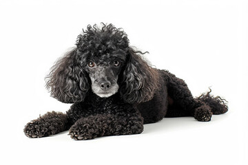 Elegant black poodle lying down on a white background, showcasing its curly coat and attentive expression.