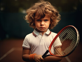 A little boy is learning to play tennis. A boy is holding a tennis racket and waiting for the ball.