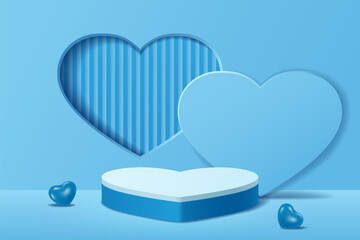 Blue 3D pedestal podium with a backdrop of geometric abstract heart shaped windows