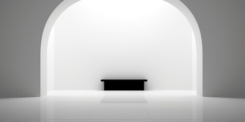 Minimalistic white interior photo with black and white architecture, featuring corners and a niche.